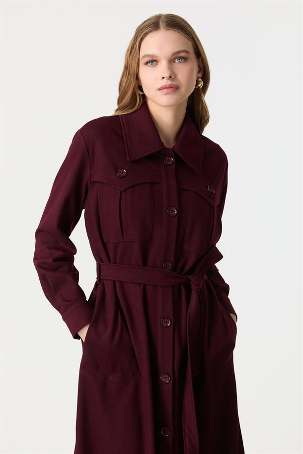 Cep Detaylı Kuşaklı Keçe Kaban-MÜRDÜM