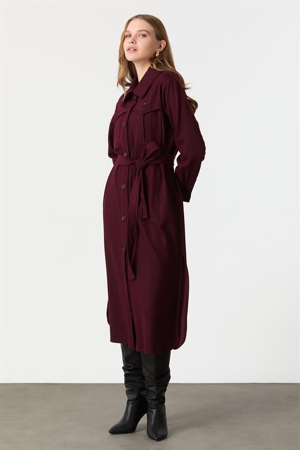 Cep Detaylı Kuşaklı Keçe Kaban-MÜRDÜM