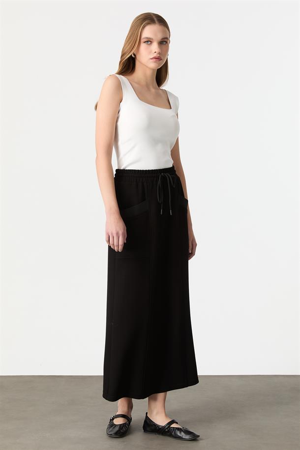 Cep Detaylı Modal Etek-SİYAH