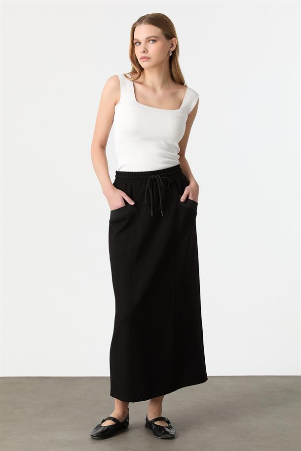 Cep Detaylı Modal Etek-SİYAH