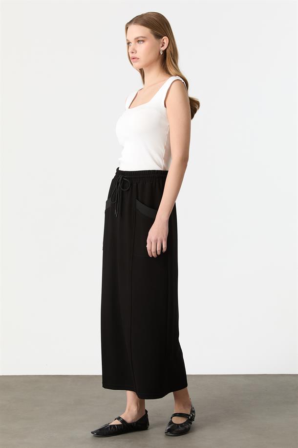 Cep Detaylı Modal Etek-SİYAH