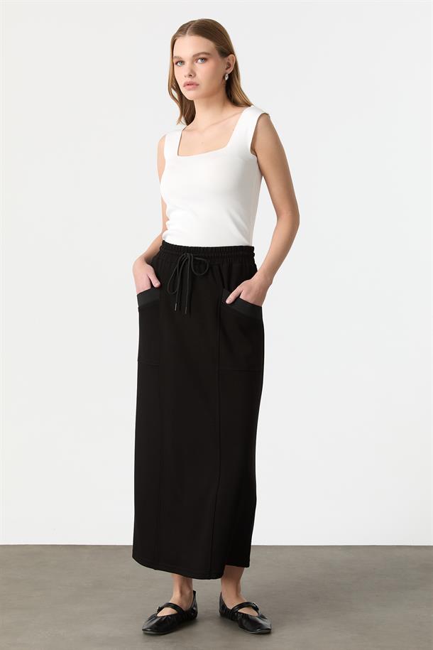 Cep Detaylı Modal Etek-SİYAH