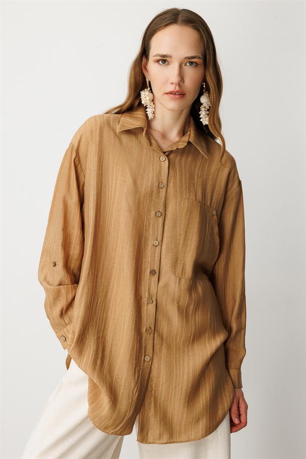 Cep Detaylı Oversize Gömlek Tunik-CAMEL