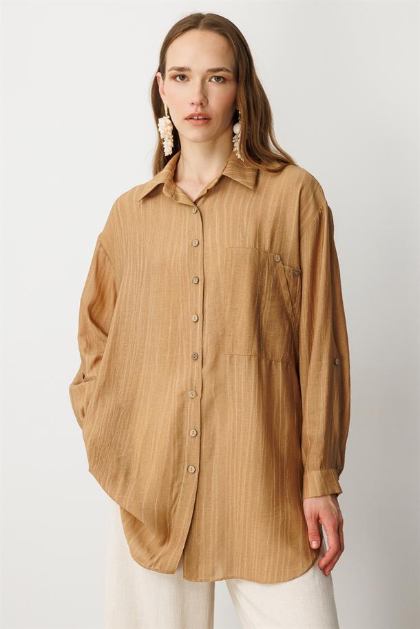 Cep Detaylı Oversize Gömlek Tunik-CAMEL