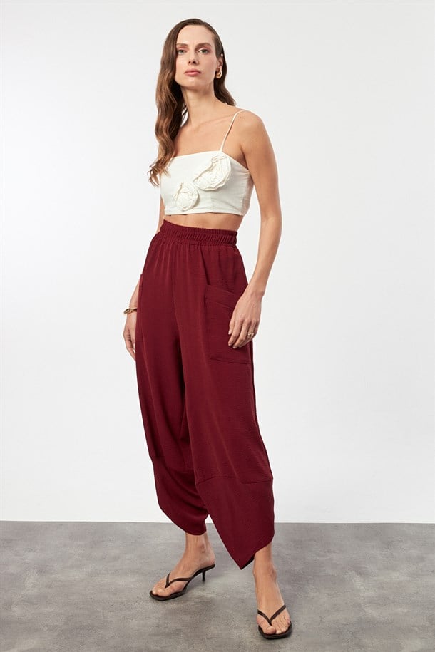 Cep Detaylı Şalvar Pantolon-BORDO