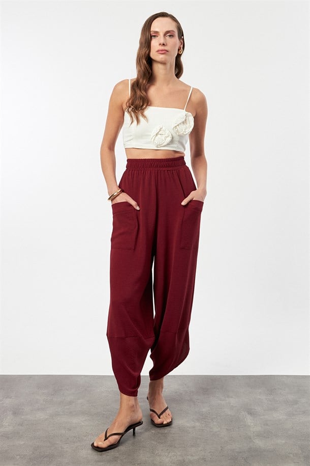 Cep Detaylı Şalvar Pantolon-BORDO