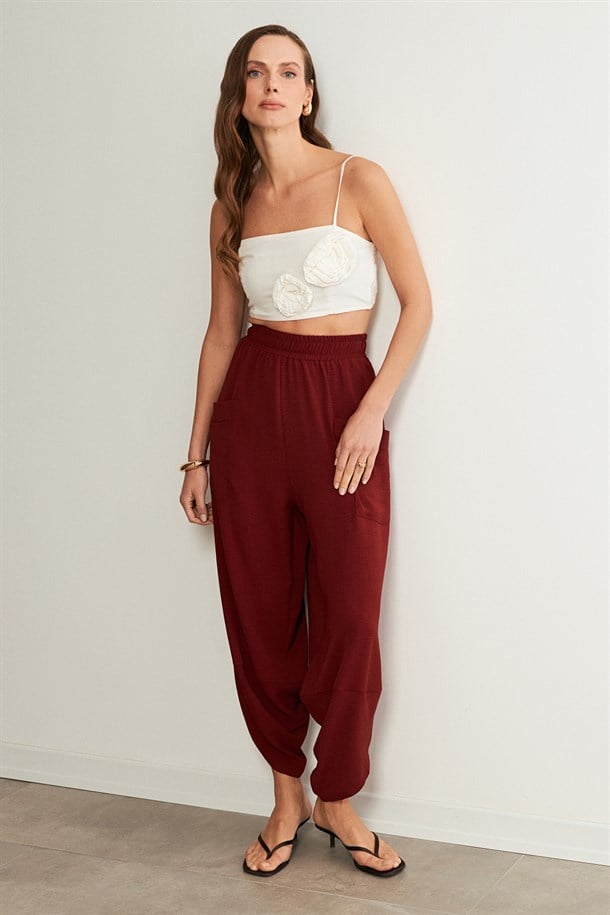 Cep Detaylı Şalvar Pantolon-BORDO