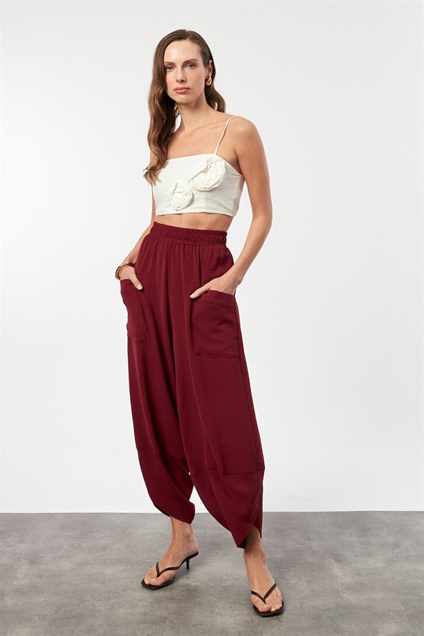 Cep Detaylı Şalvar Pantolon-BORDO