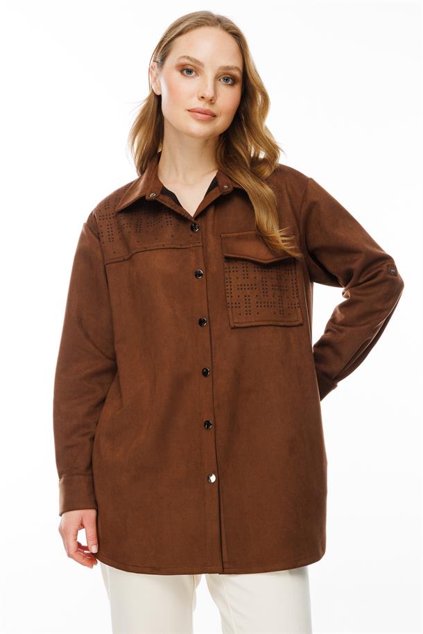 Cep Detaylı Süet Tunik-KAHVE