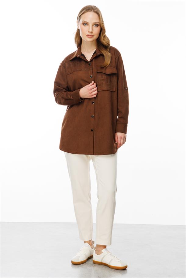 Cep Detaylı Süet Tunik-KAHVE