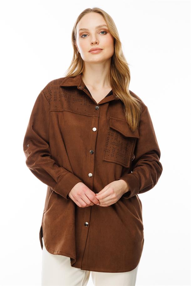 Cep Detaylı Süet Tunik-KAHVE