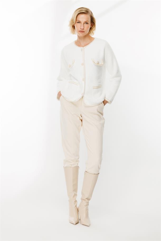 Cep Detaylı Triko Hırka-EKRU