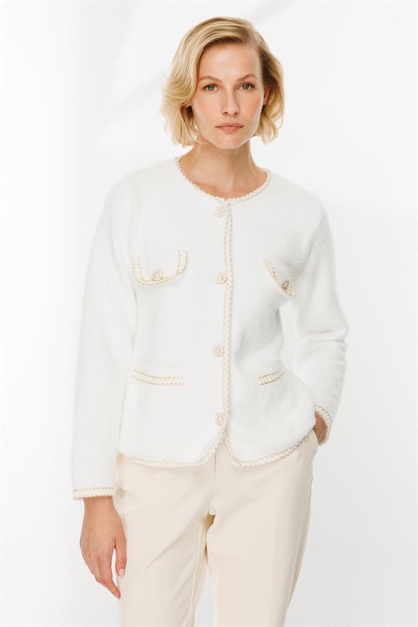 Cep Detaylı Triko Hırka-EKRU