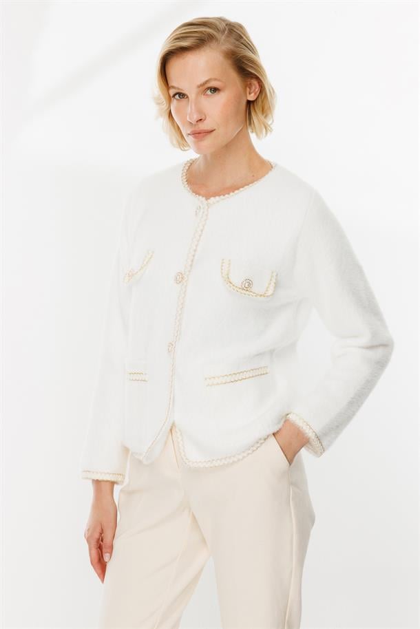 Cep Detaylı Triko Hırka-EKRU