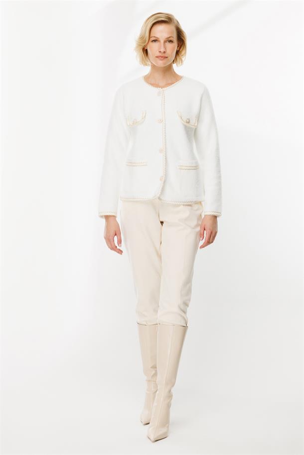 Cep Detaylı Triko Hırka-EKRU