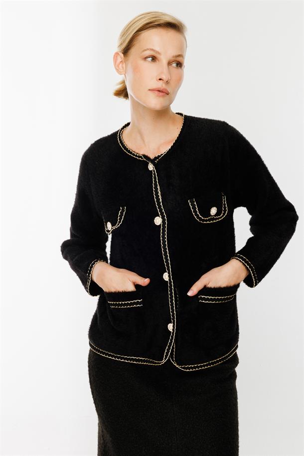 Cep Detaylı Triko Hırka-SİYAH