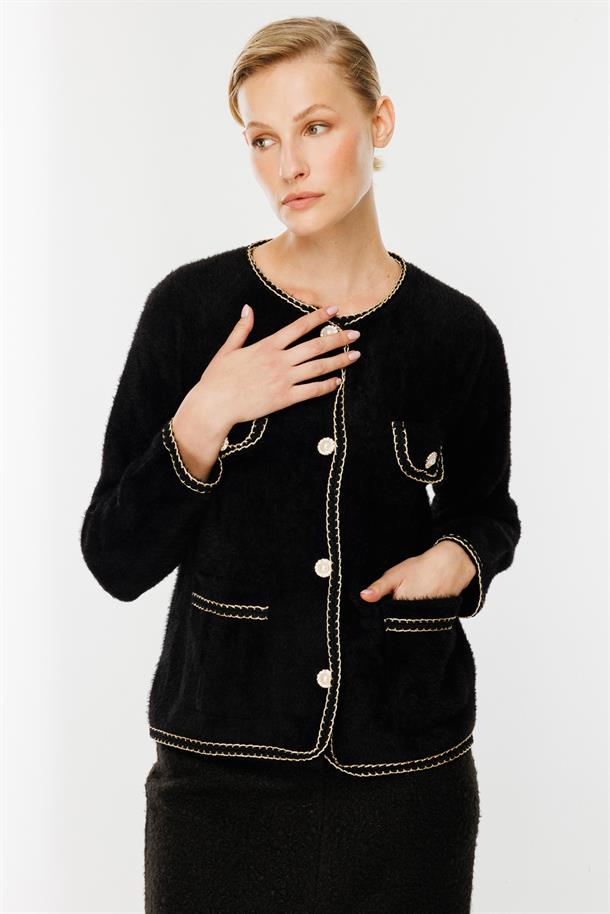 Cep Detaylı Triko Hırka-SİYAH