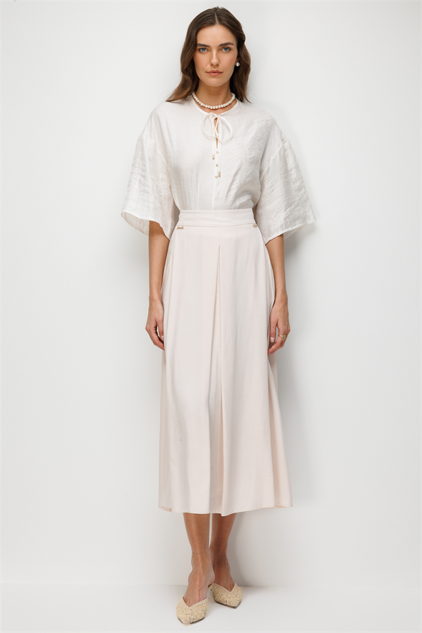 Cep Detaylı Uzun Etek-PUDRA