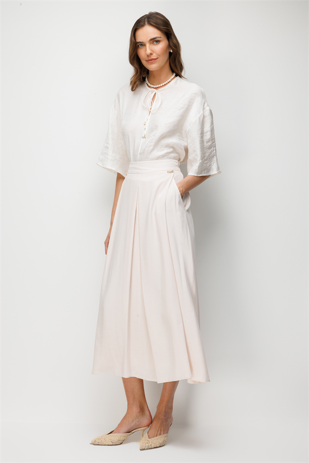Cep Detaylı Uzun Etek-PUDRA