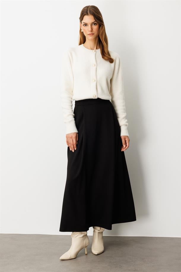 Cep Detaylı Uzun Modal Etek-SİYAH