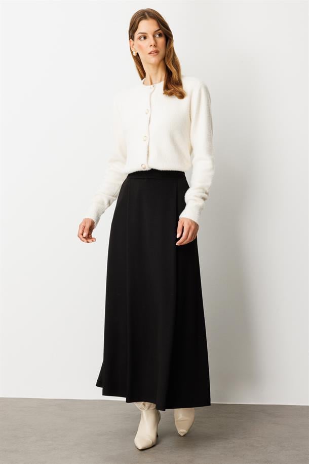 Cep Detaylı Uzun Modal Etek-SİYAH