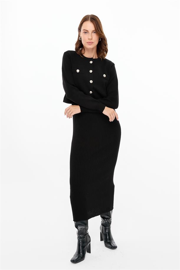 Cepli Ceket ve Triko Elbiseli Takım-SİYAH