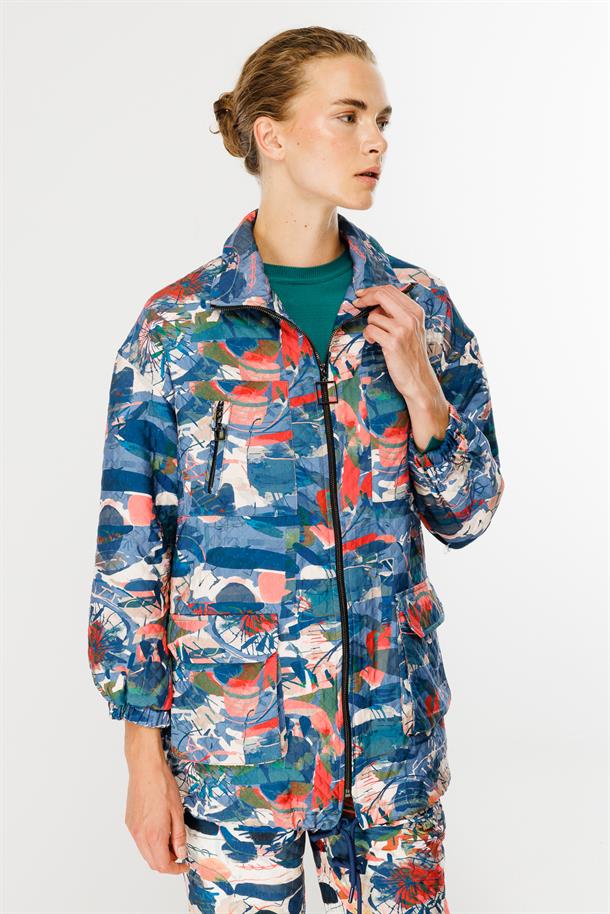 Cepli Desenli Kapitone Spor Ceket-MAVİ