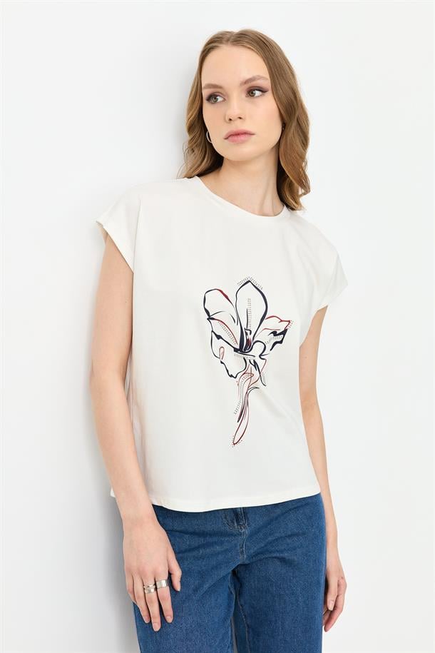 Çiçek Baskı Pamuklu Bluz-KIRMIZI