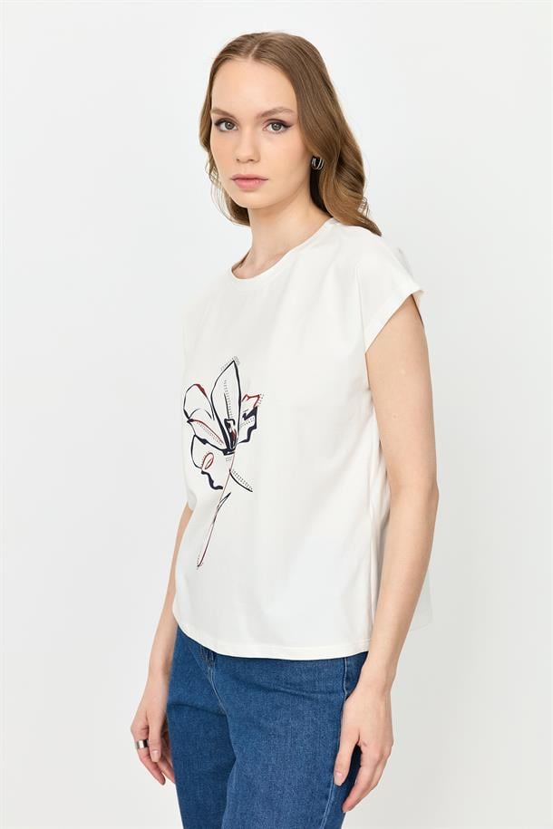 Çiçek Baskı Pamuklu Bluz-KIRMIZI