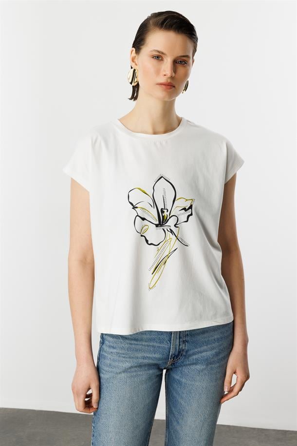 Çiçek Baskı Pamuklu Bluz-Y.YEŞİLİ