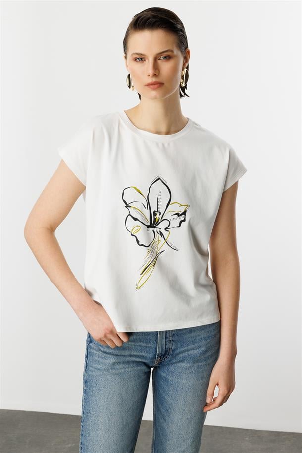 Çiçek Baskı Pamuklu Bluz-Y.YEŞİLİ