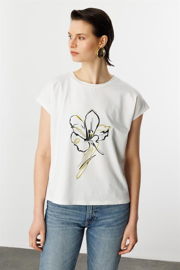 Çiçek Baskı Pamuklu Bluz-Y.YEŞİLİ