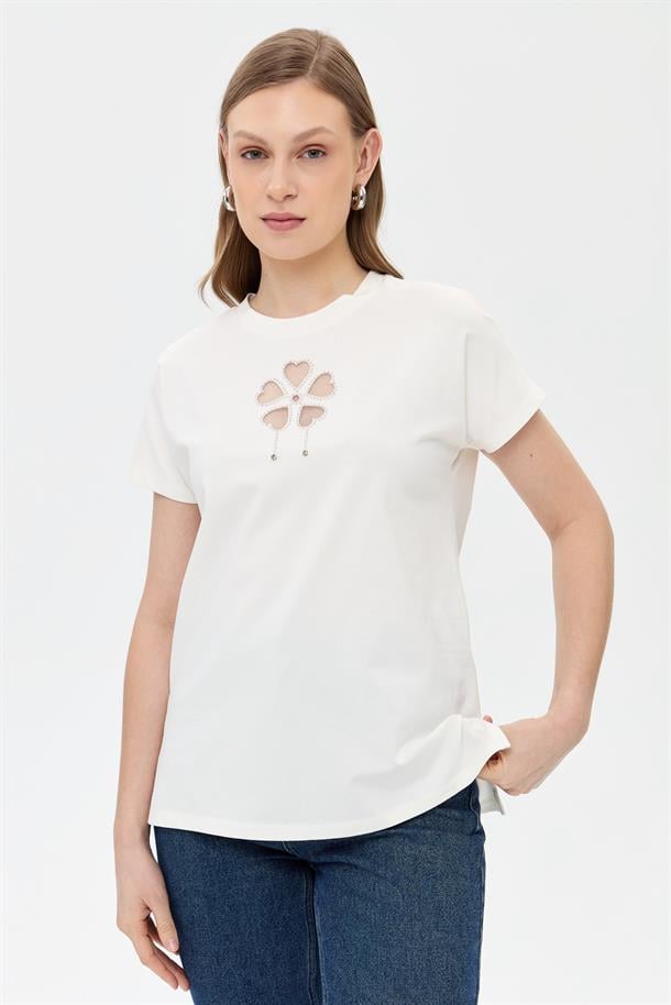 Çiçek Desen Kısa Kol Tişört-KEMIK
