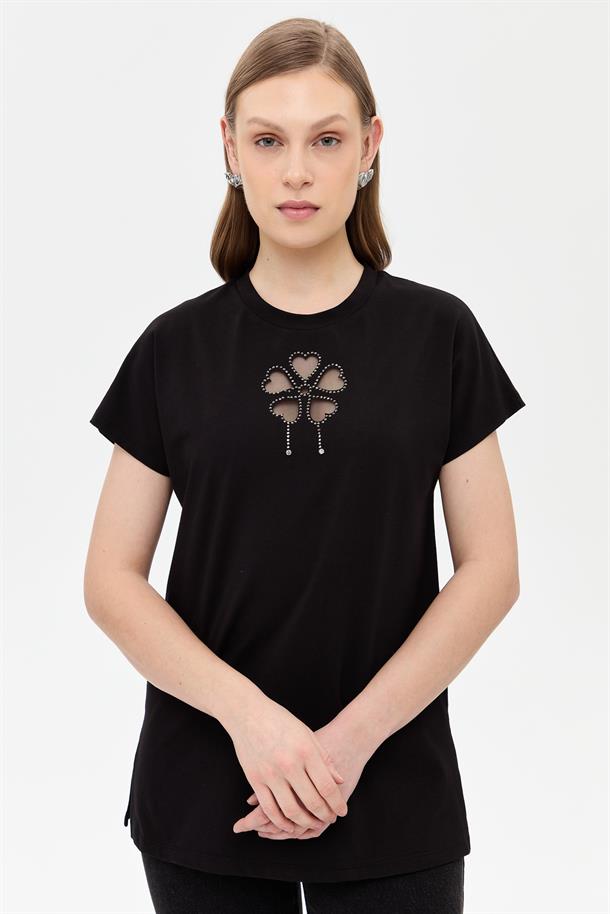 Çiçek Desen Kısa Kol Tişört-SİYAH