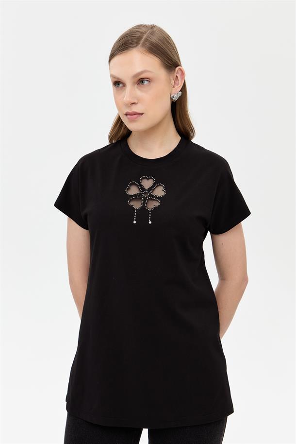 Çiçek Desen Kısa Kol Tişört-SİYAH