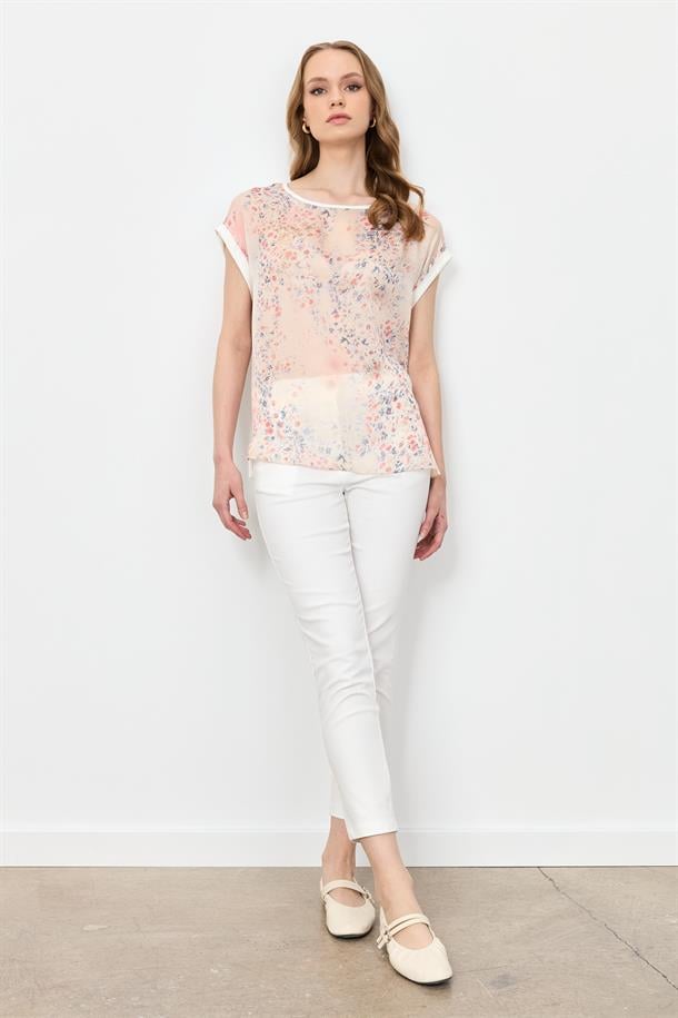 Çiçek Desen Şifon Bluz-KIRMIZI