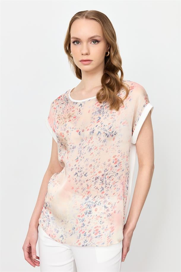 Çiçek Desen Şifon Bluz-KIRMIZI