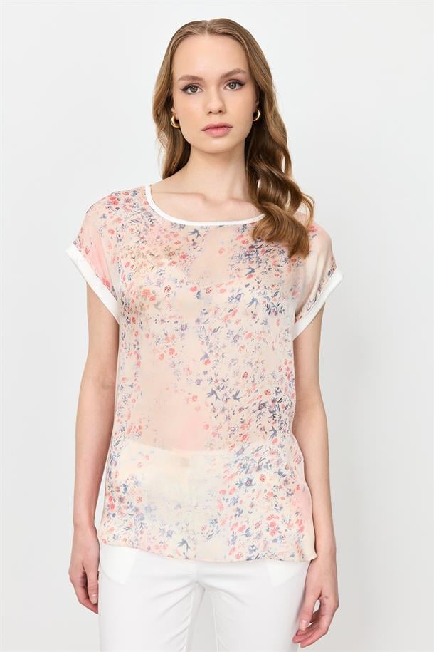 Çiçek Desen Şifon Bluz-KIRMIZI