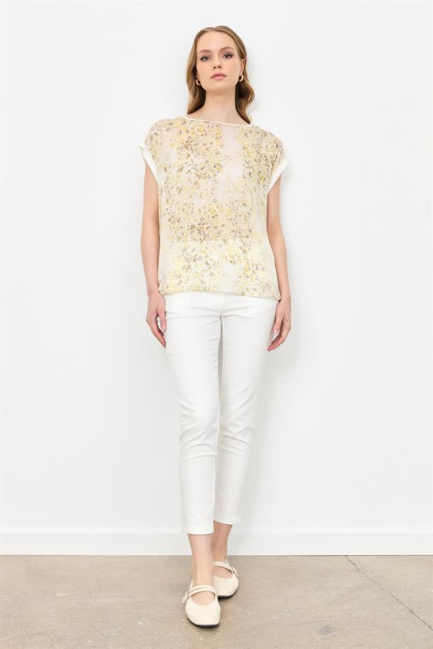 Çiçek Desen Şifon Bluz-SARI