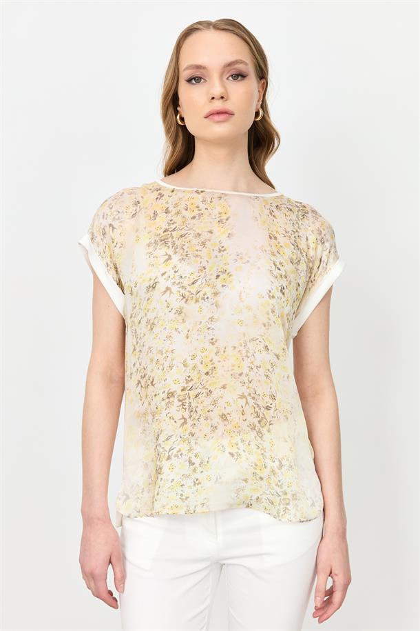 Çiçek Desen Şifon Bluz-SARI
