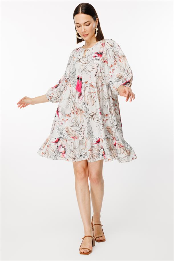 Çiçek Desenli Kolları Lastikli Elbise-PEMBE