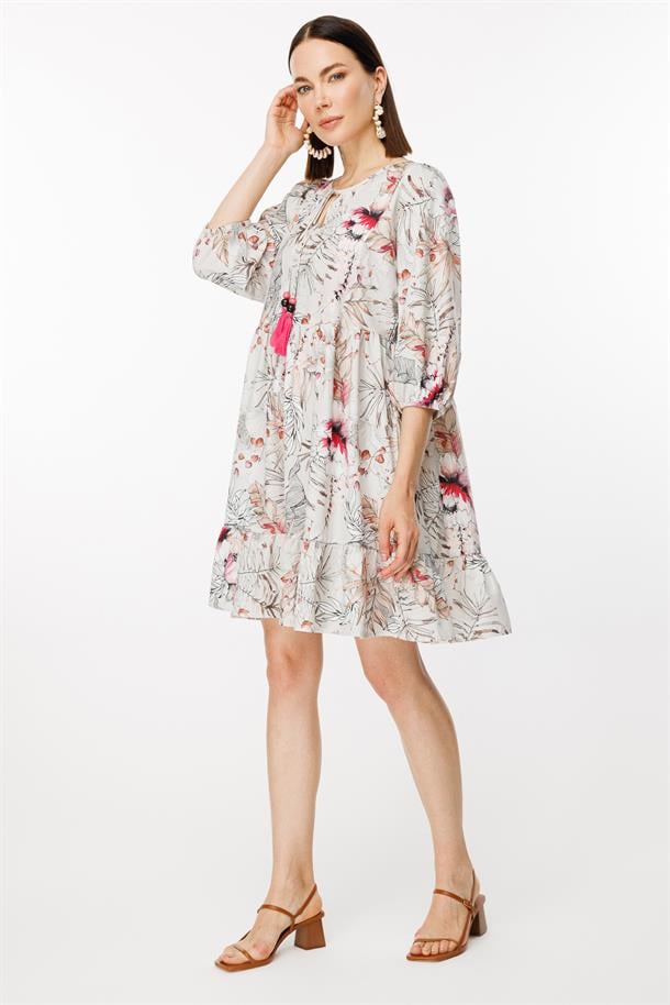 Çiçek Desenli Kolları Lastikli Elbise-PEMBE