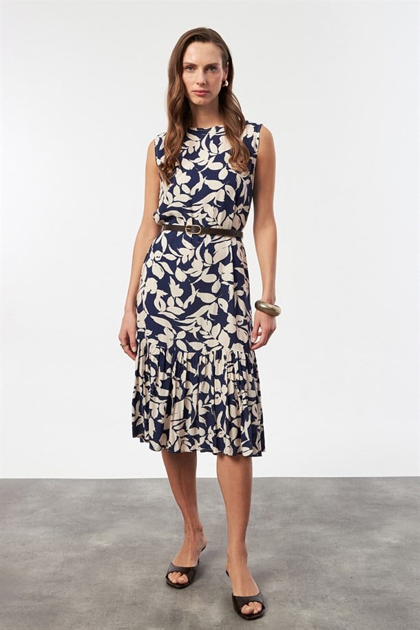 Çiçek Desenli Kolsuz Elbise-SİYAH