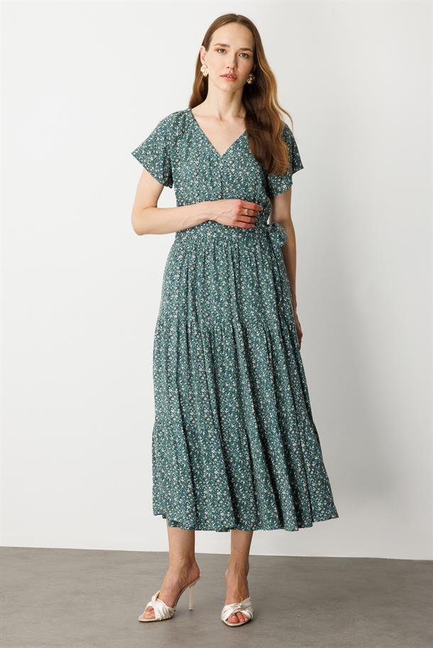 Çiçek Desenli Kruvaze Yaka Uzun Elbise-YEŞİL