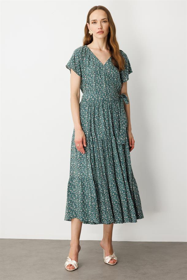 Çiçek Desenli Kruvaze Yaka Uzun Elbise-YEŞİL