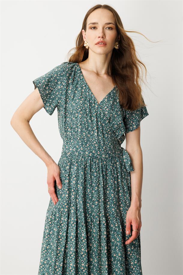 Çiçek Desenli Kruvaze Yaka Uzun Elbise-YEŞİL