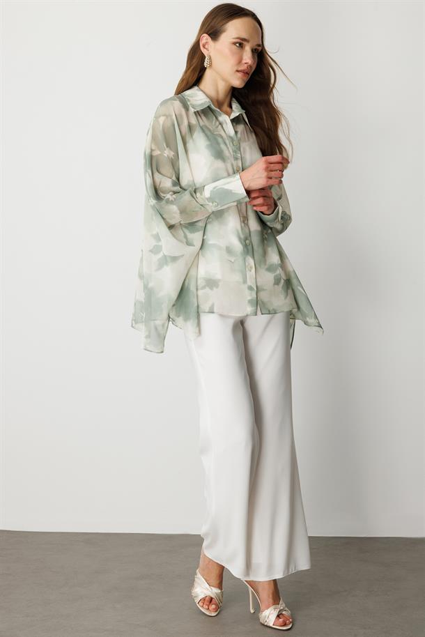 Çiçek Desenli Şifon Gömlek-YEŞİL