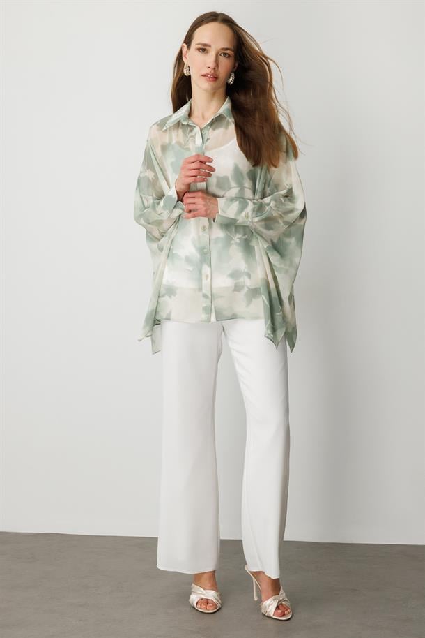 Çiçek Desenli Şifon Gömlek-YEŞİL