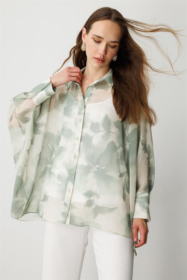Çiçek Desenli Şifon Gömlek-YEŞİL