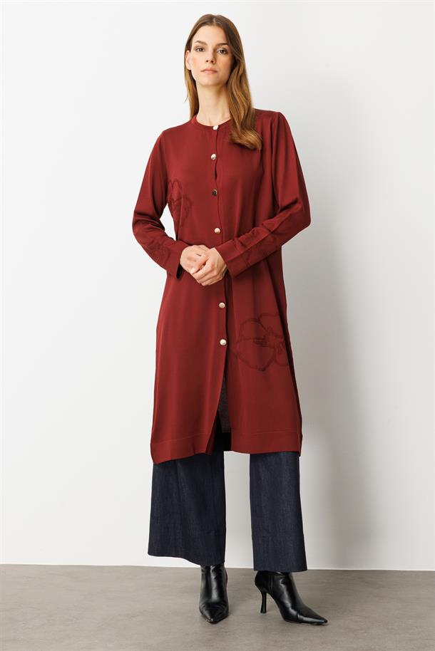 Çiçek Desenli Uzun Triko Hırka-BORDO